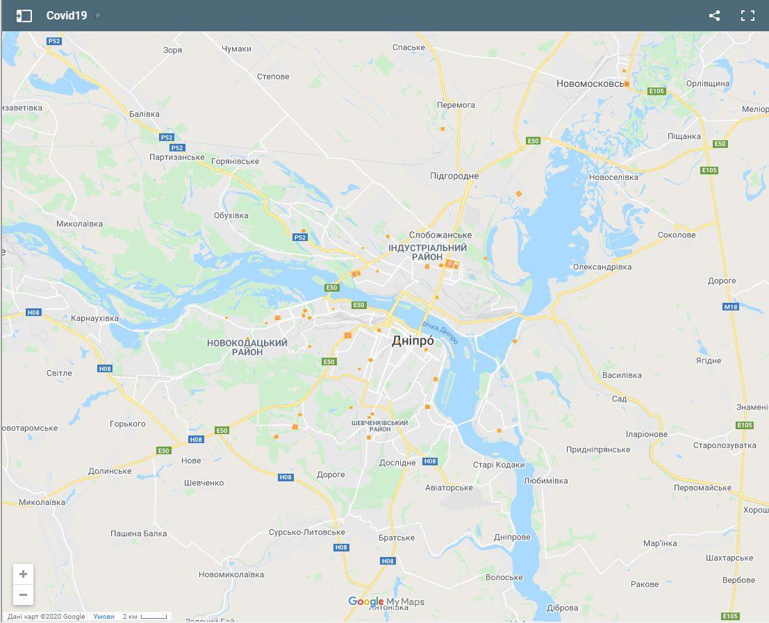 Створена інтерактивна карта, на якій зазначено райони, де зафіксовані випадки зараження Covid-19