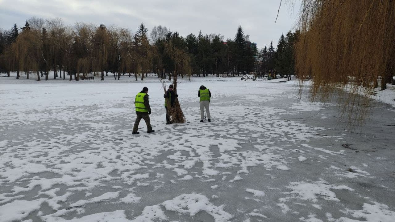 У Рівному на озері зробили лунки для риби