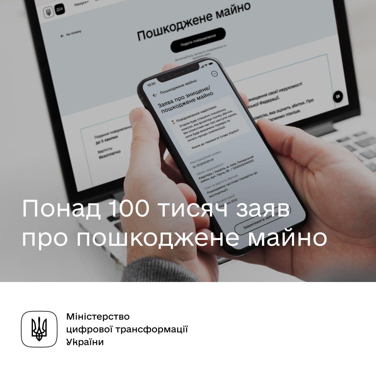 Українці подали в Дії понад 100 тисяч заявок про пошкоджене майно