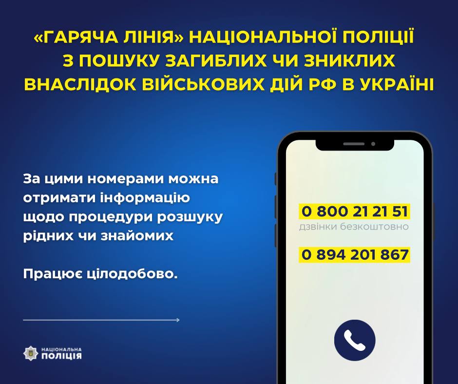 Поліція України відкрила гарячу лінію для пошуку зниклих безвісти
