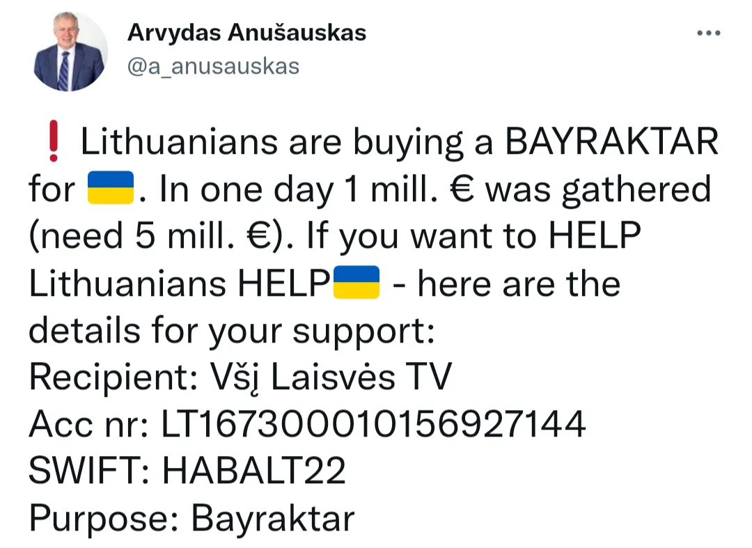 Литовці зібрали 5 мільйонів євро на Bayraktar для України