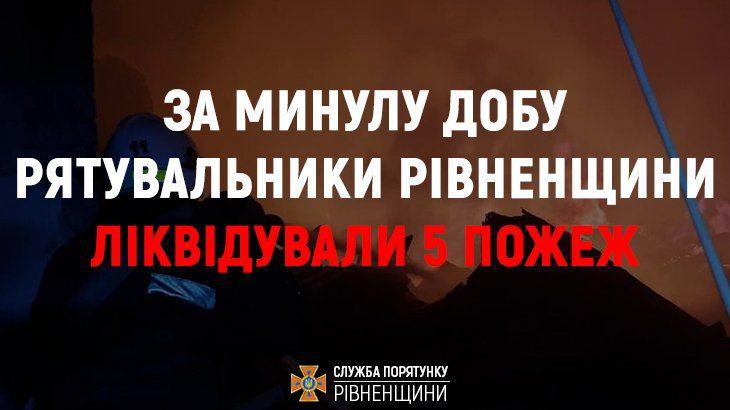 5 пожеж за минулу добу ліквідували на Рівненщині