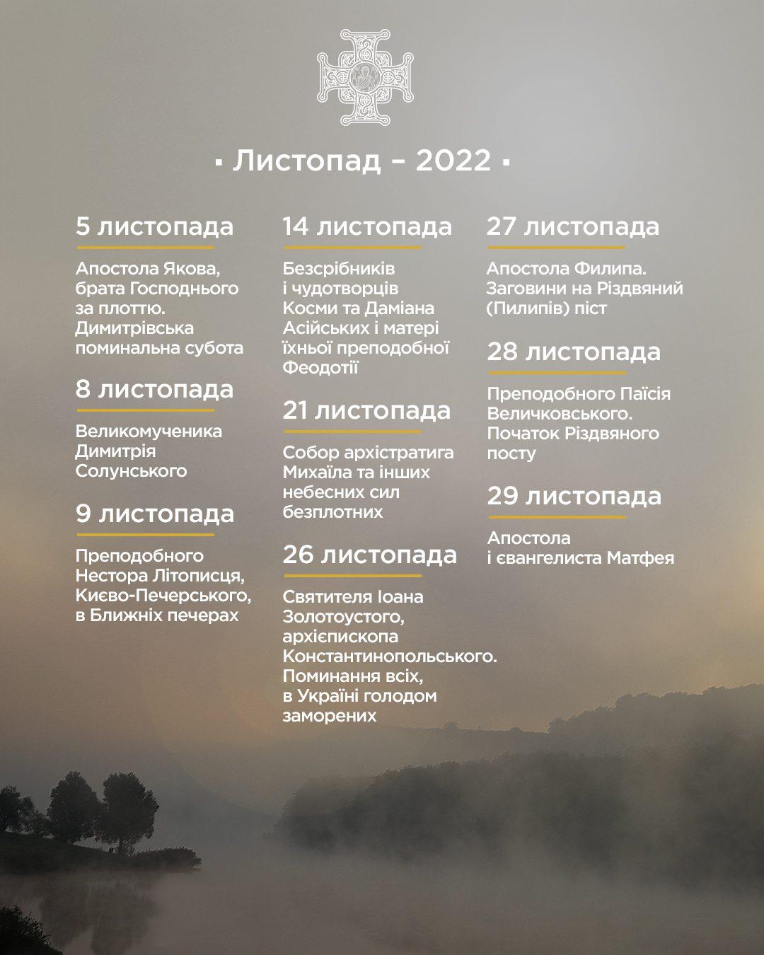 Православний церковний календар на листопад 2022 року - 7 днів
