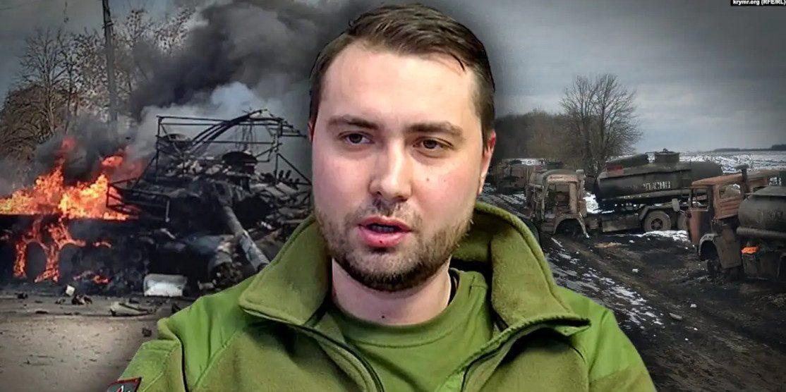 Колаж: Буданов на фоні палаючої російської техніки.