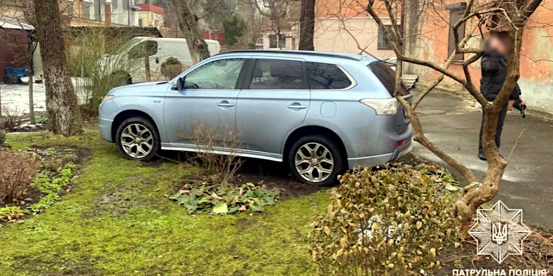 Запарковане у квітнику авто.
