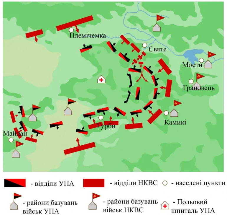 Схема розташування сил під Гурбами у квітні 1944 р.