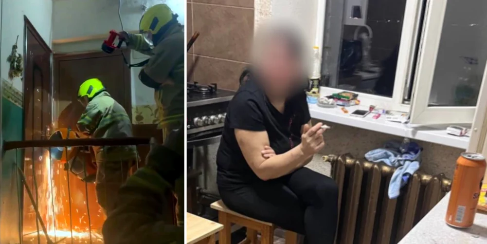 Рятувальники відкривають двері і п'яна жінка.