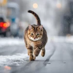 Кіт біжить дорогою вкритій ожеледицею.