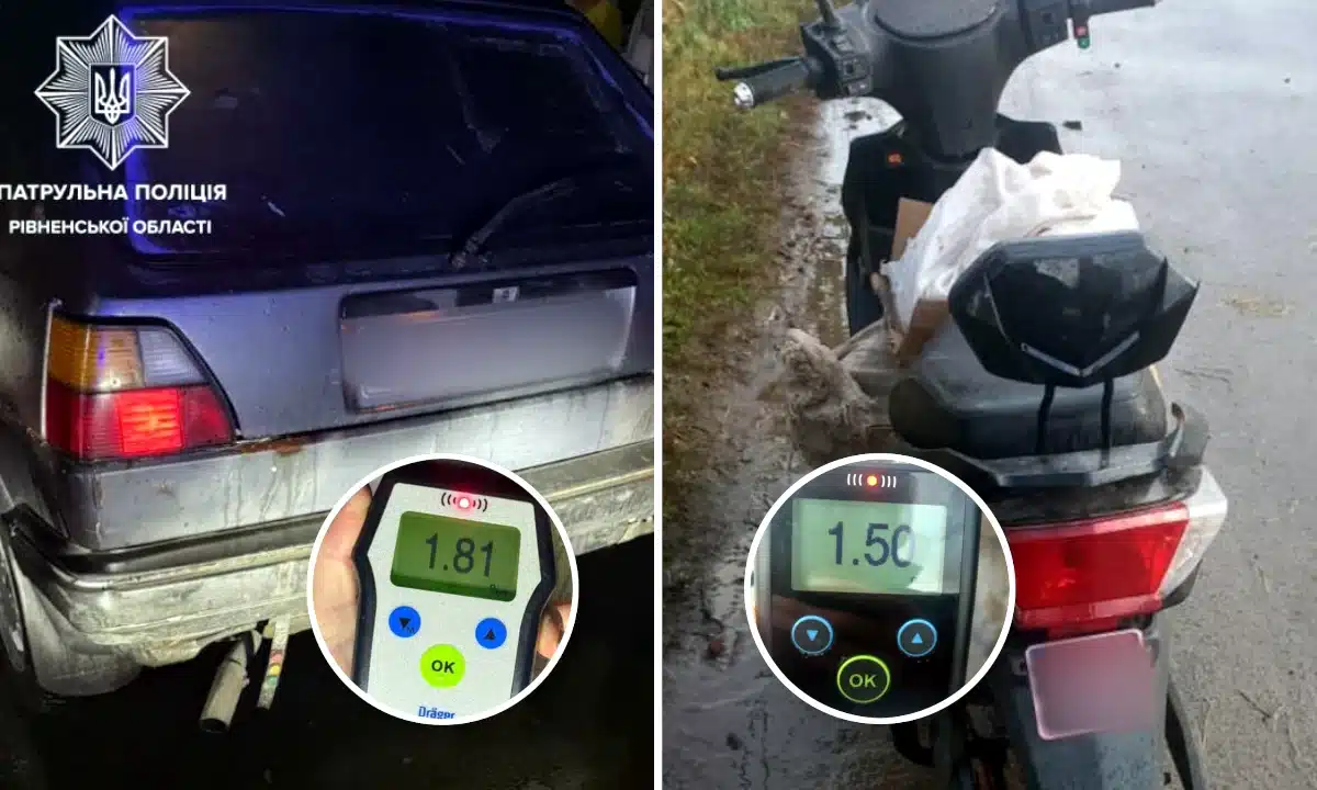 На Рівненщині зупинили двох нетверезих водіїв: 1,81 та 1,50 проміле алкоголю в крові Авто і скутер, якими керували нетверезі водії у Зорі і в Сарнах.