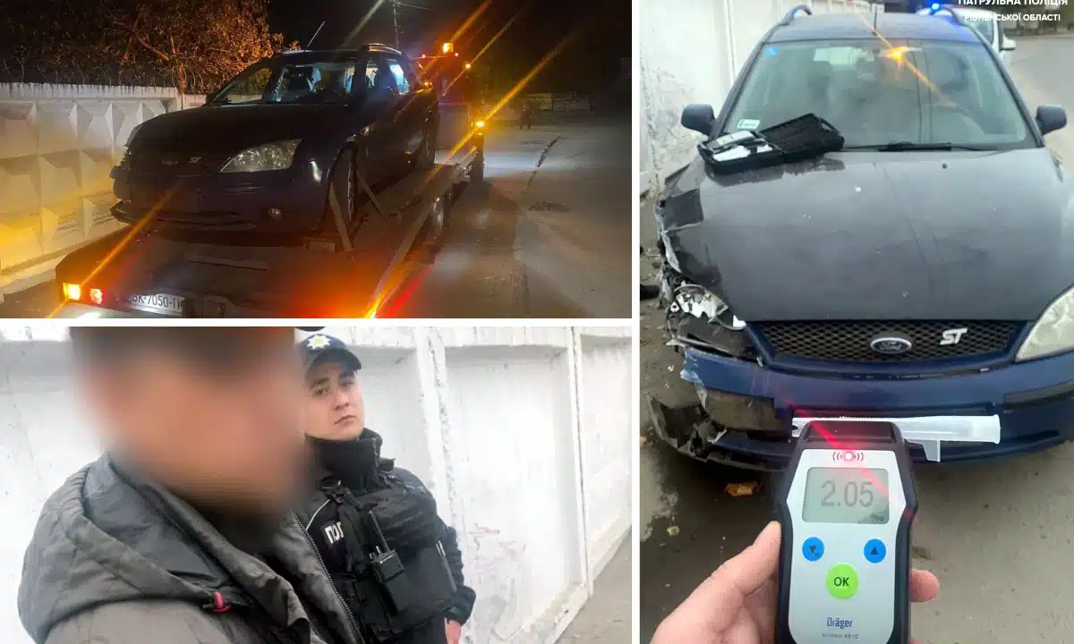 В'їхав у паркан у Рівному. Розбите авто і нетверезий водій.