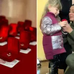 «Батьківське серце» – пам’ять, що ніколи не згасне. У Дядьковицькій громаді вшанували дітей загиблих Героїв «Батьківське серце». Маленька дівчинка отримує оберіг.