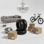 Диван, люстра, велосипед, шини, коробки