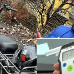 Нетверезий водій, електровелосипед і алкотестер.