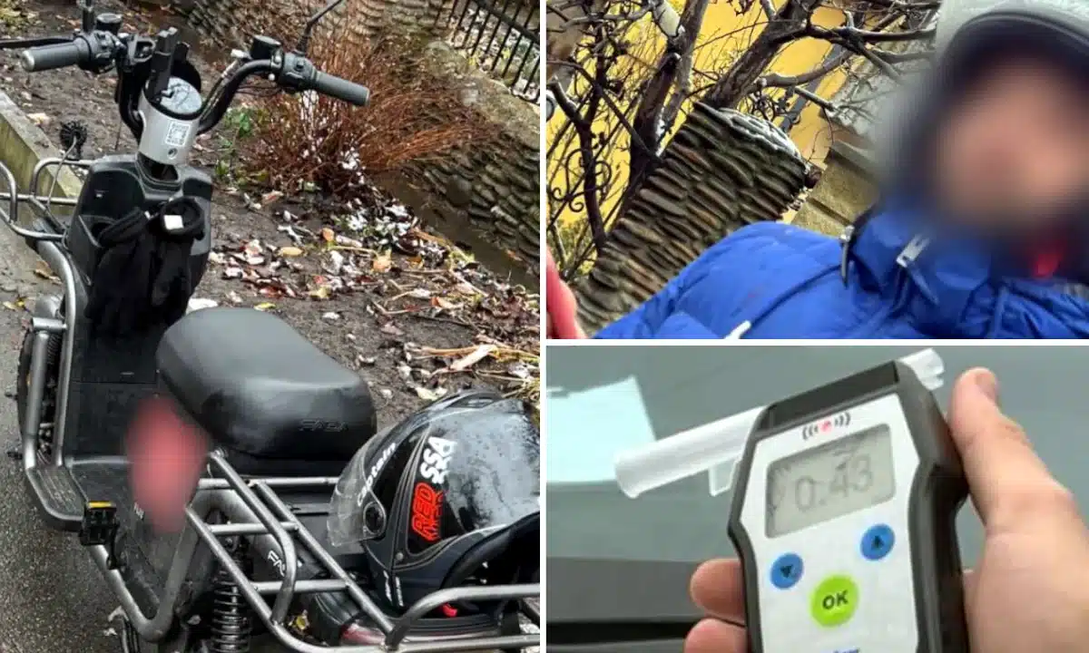 Нетверезий водій, електровелосипед і алкотестер.