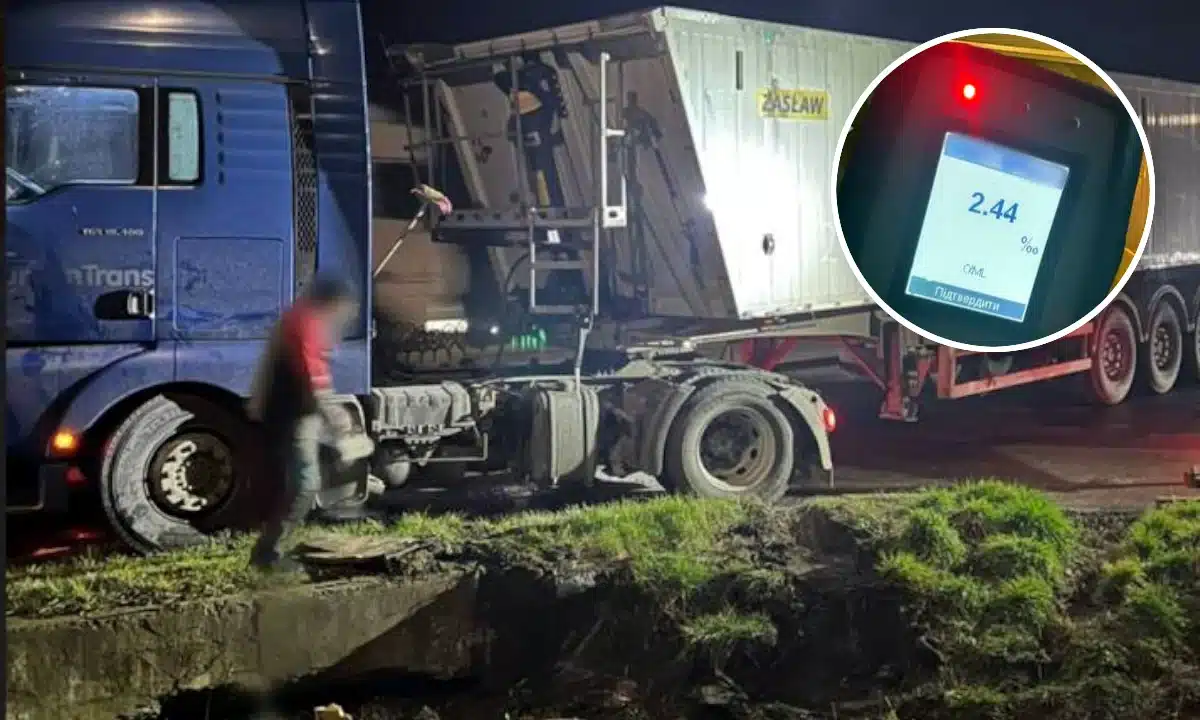 У Дубно п’яний водій вантажівки з 2,44 проміле влетів у бетонний блок П'яний водій біля вантажівки.