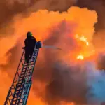 Пожежа на елеваторі. Пожежник на драбині поливає вогонь.