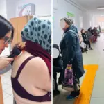 Лікарка проводить огляд пацієнтки. Пацієнти очікують на дерматологічні огляди.