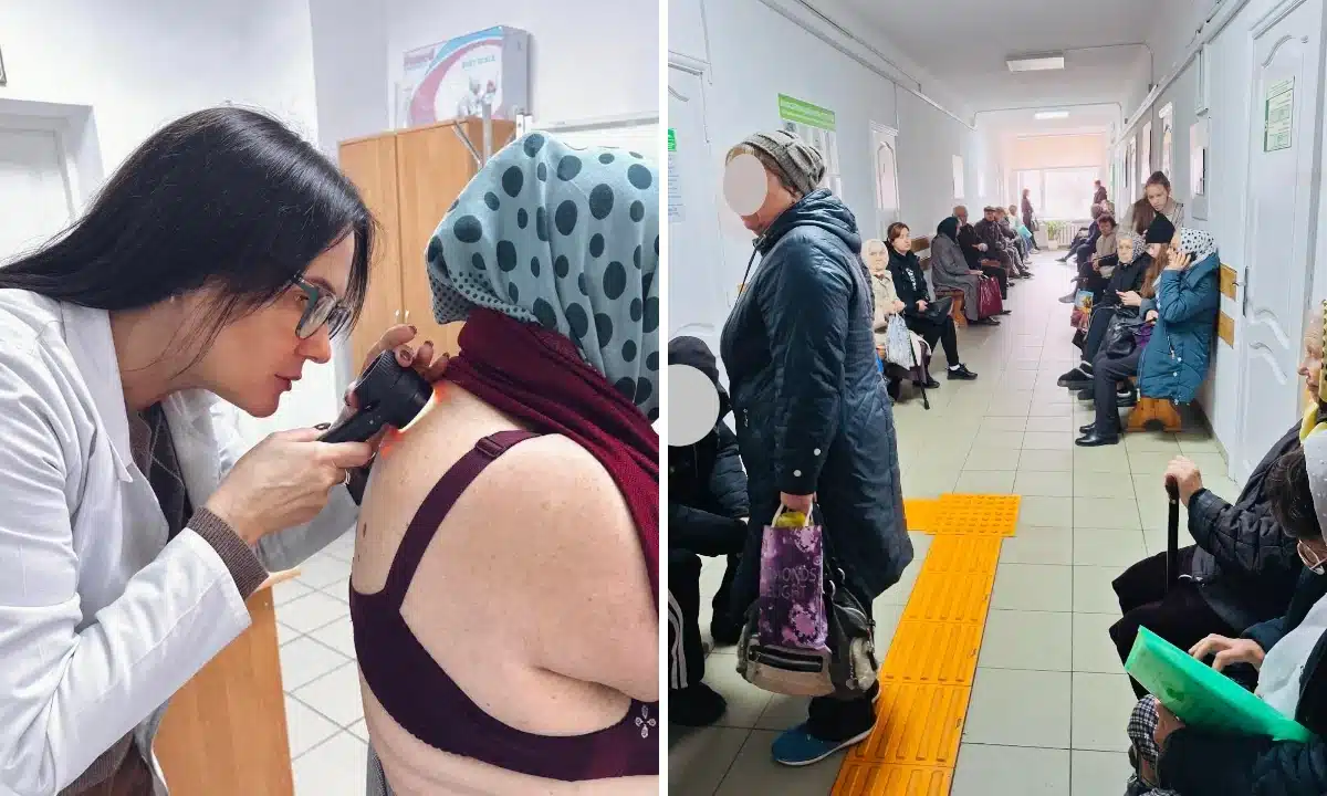 Майже 600 жителів Рівненщини пройшли дерматологічні огляди під час виїзних прийомів Лікарка проводить огляд пацієнтки. Пацієнти очікують на дерматологічні огляди.