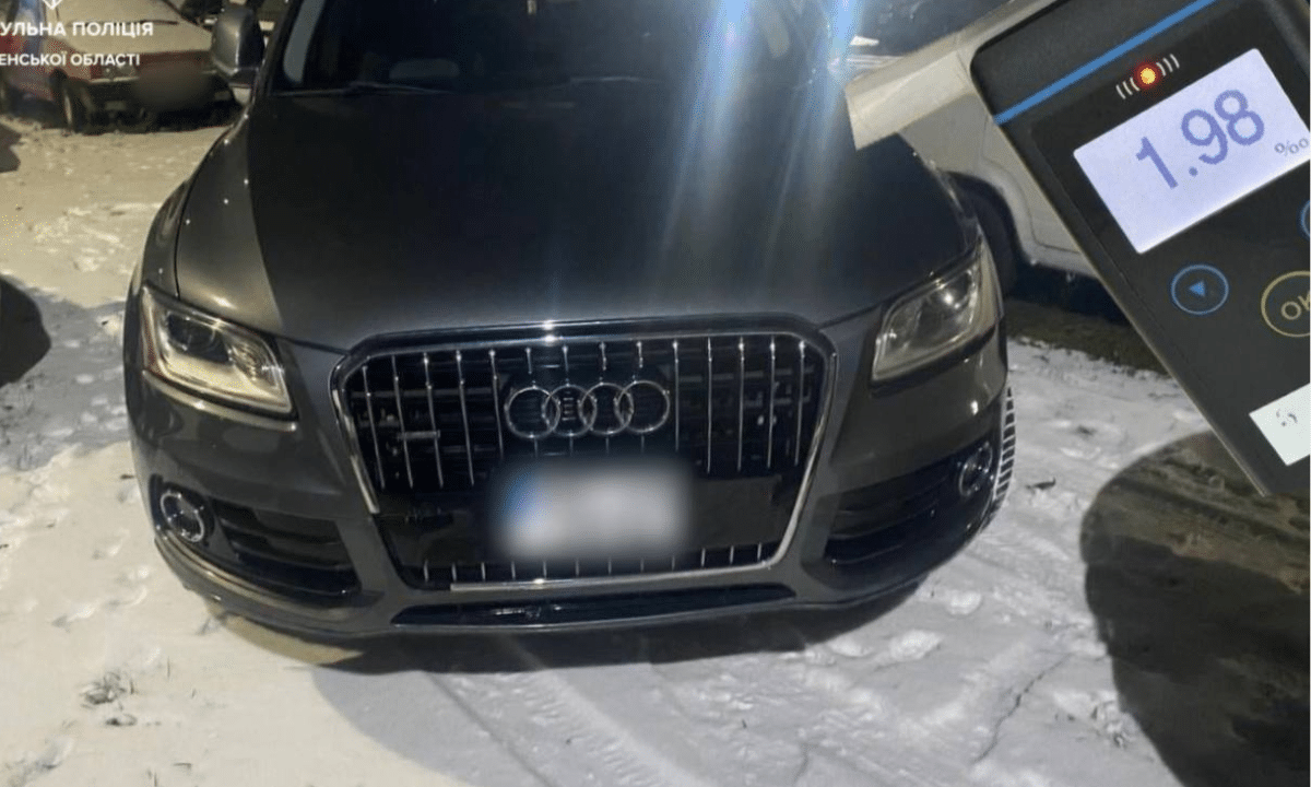 Автомобіль Audi, зупинений патрульною поліцією вночі у Рівному: на фото видно алкотестер із результатом 1,98 проміле та припарковане авто на снігу.