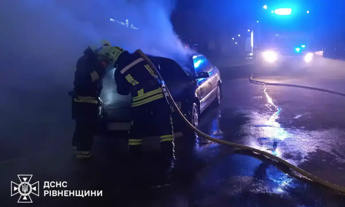 Рятувальники гасять загоряння в авто.