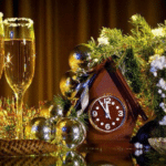 Новорічна ніч: святковий стіл, бокали і годинник.