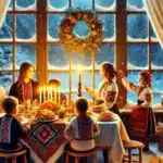 Сім'я на Святвечір сидить за столом при свічках.