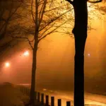 Сильний нічний туман на освітленій ліхтарями дорозі.