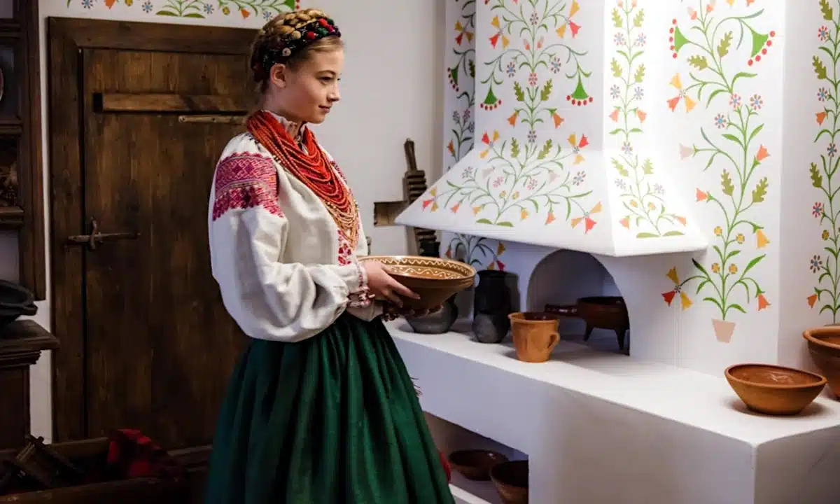 Дівчинка в українському традиційному вбранні стоїть біля печі.