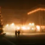 Новорічна ялинка на нічній туманній площі, сяють святкові вогні й ходять люди.