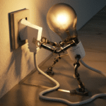 Лампочка у вигляді фігурки вимикає вилку з розетки, символ захисту техніки під час відключення світла