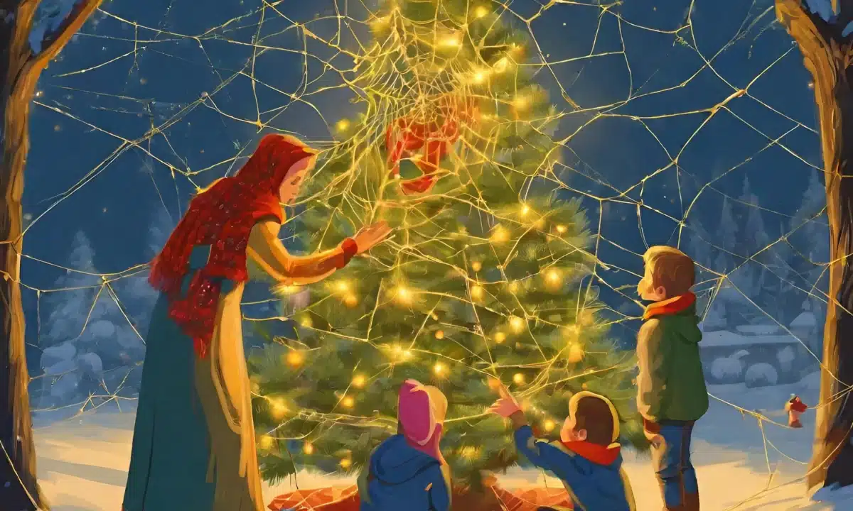 Мама і діти розглядають на ялинці золоте павутиння.