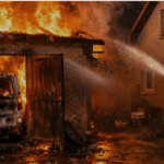 Рятувальники гасять пожежу у господарській будівлі в приватному домоволодінні на Сарненщині, де вогнем охоплено гараж і автомобіль