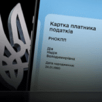 Смартфон із відображеною електронною карткою платника податків у застосунку «Дія» на тлі герба України.
