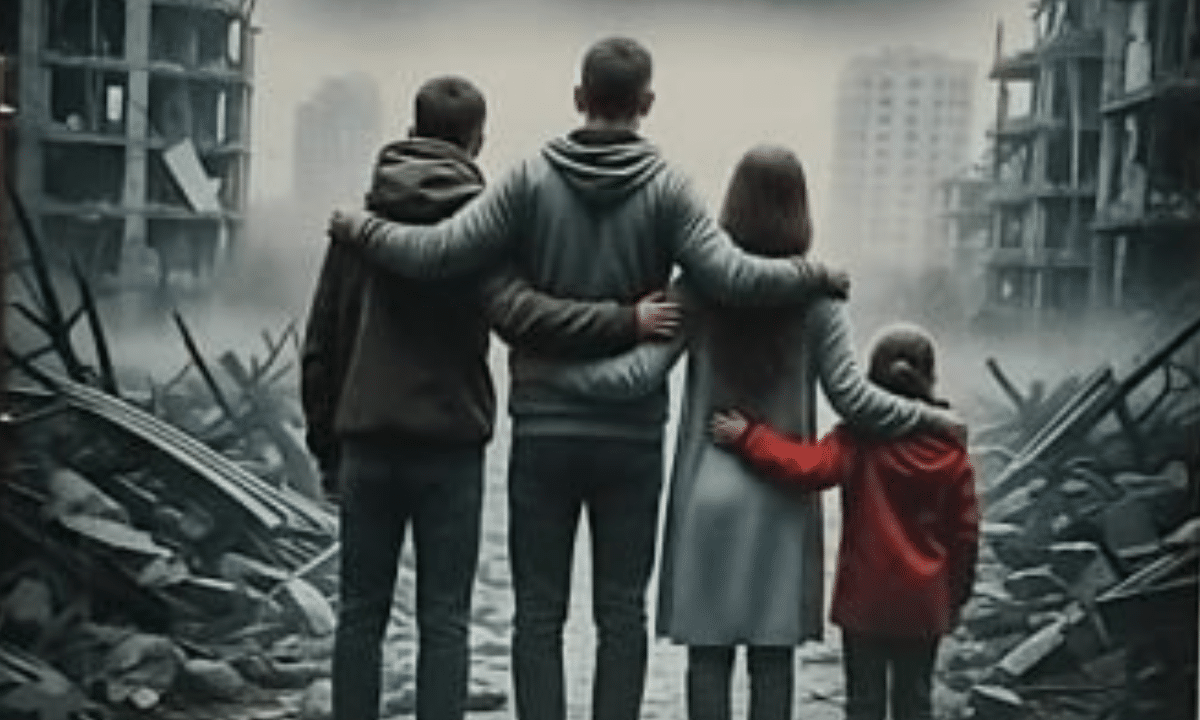 «Як тепер жити без них?» Віра Мельникова — про війну, яку проживає тил Група людей, що обіймаються серед зруйнованого міста — символ війни в тилу та єдності цивільних під час війни в Україні