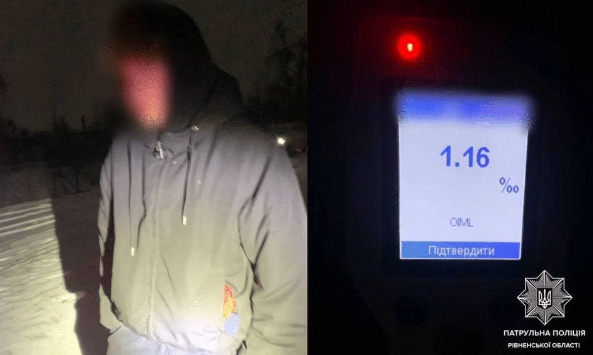 неповнолітній водій із заблюреним обличчям та екран алкотестера з результатом 1,16 проміле.