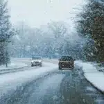 Два авто їдуть слизькою дорогою, падає сніг.