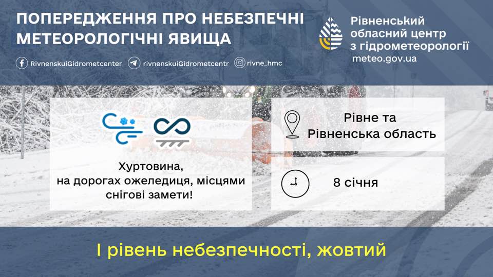 Попередження про хуртовину, ожеледицю й снігові замети.