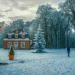 На засніженій галявині у лісі, перед двома будиночками, стоїть дівчина.