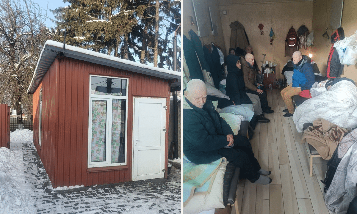 Соціальний притулок у Рівному взимку: зовні невелика будівля, всередині люди гріються, відпочивають та отримують допомогу