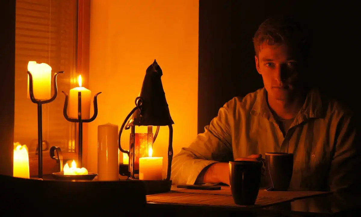 Чоловік п'є чай при свічках.