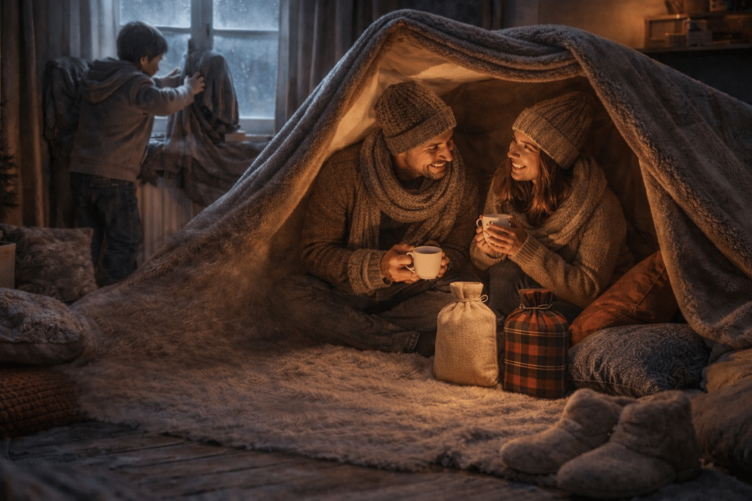 Як зігрітися взимку без світла й опалення: що справді працює під час морозів Родина зігрівається під ковдрами в холодній квартирі взимку без опалення.