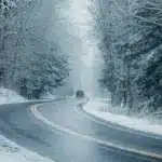 Слизька дорога через ліс, по якому їде авто.