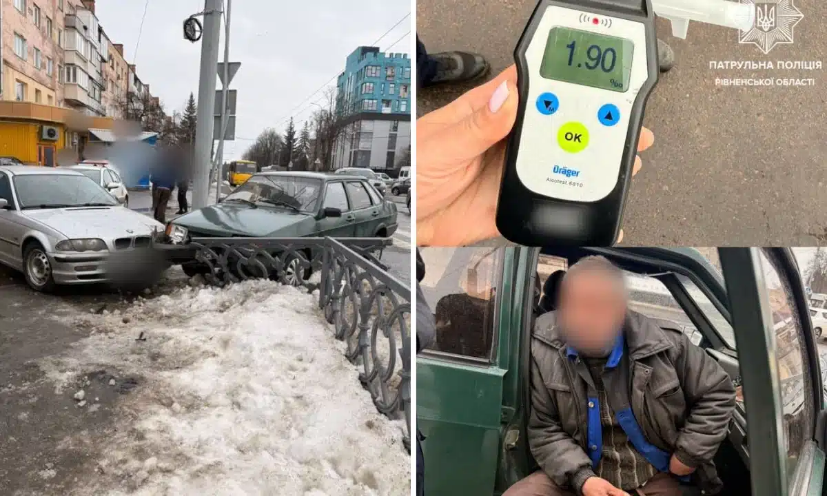 Пошкоджені авто і паркан, водій і алкотестер.