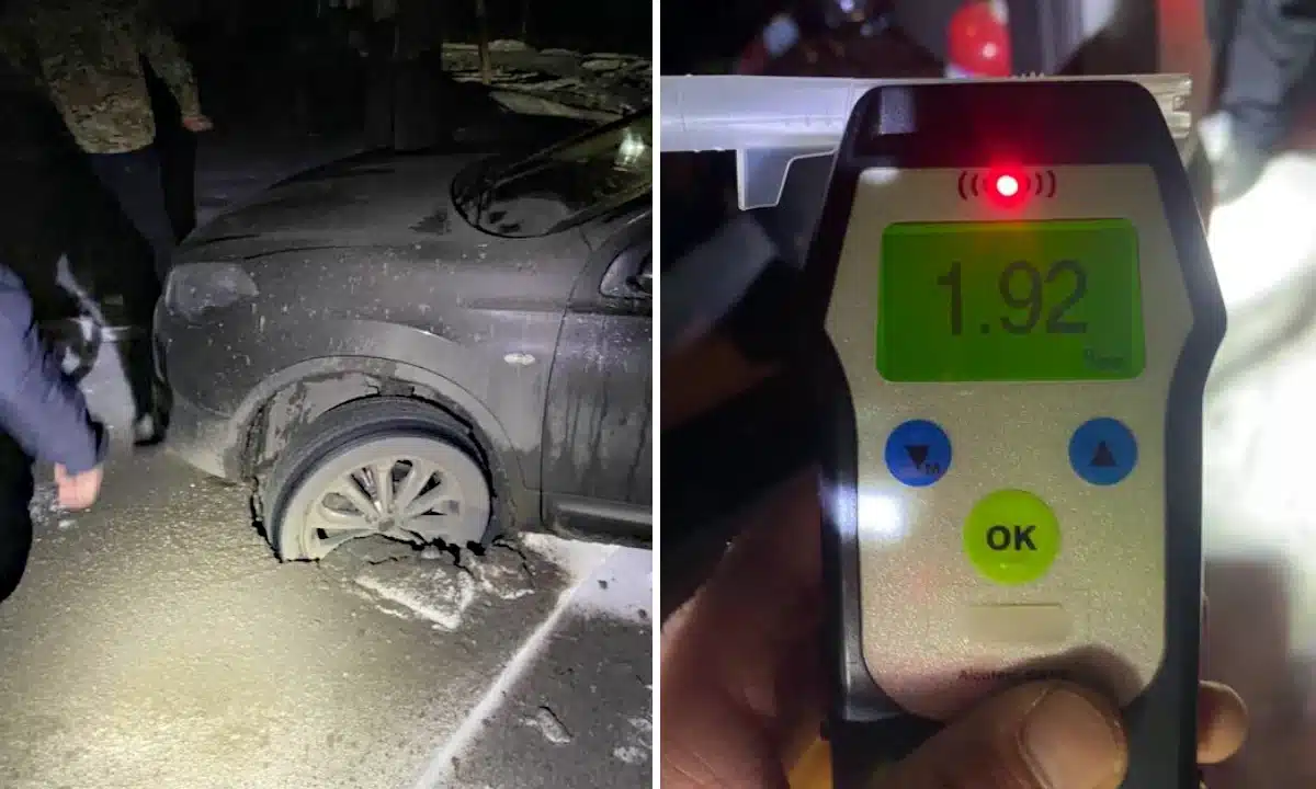 Застрягле у снігу авто й алкотестер.