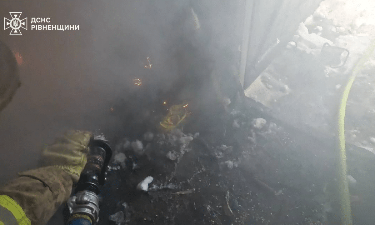 Рятувальник гасить пожежу в господарській будівлі.