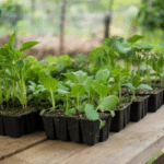 Розсада овочевих культур у контейнерах на столі