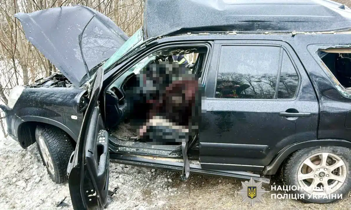 Понівечене авто і покалічений водій всередині.