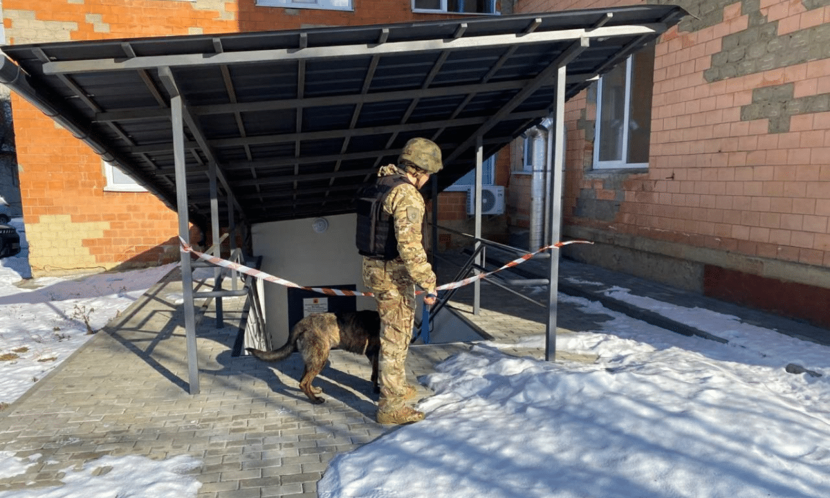 Поліцейський вибухотехнік із службовим собакою перевіряє вхід до підвального приміщення біля будівлі під час реагування на повідомлення про замінування.