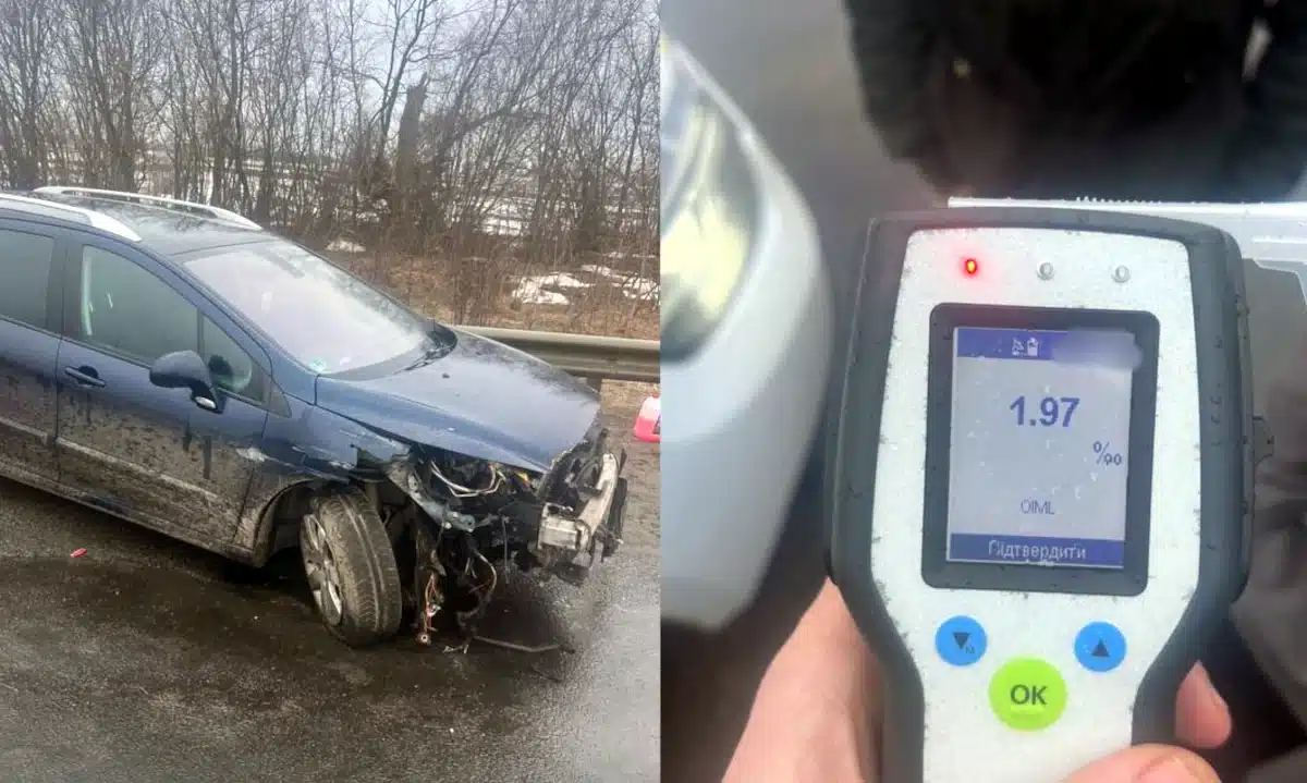 Понівечене авто і алкотестер.