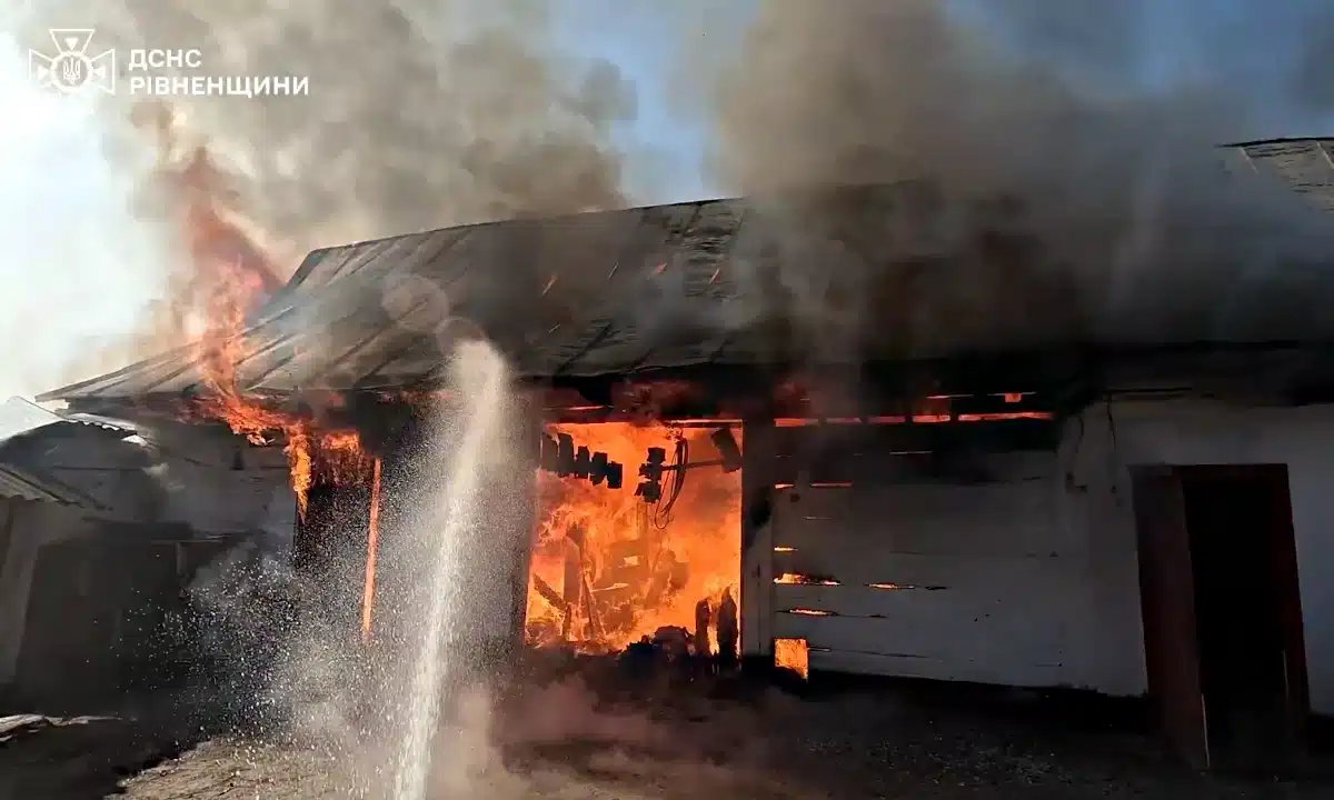 Рятувальники гасять пожежу струменем води.